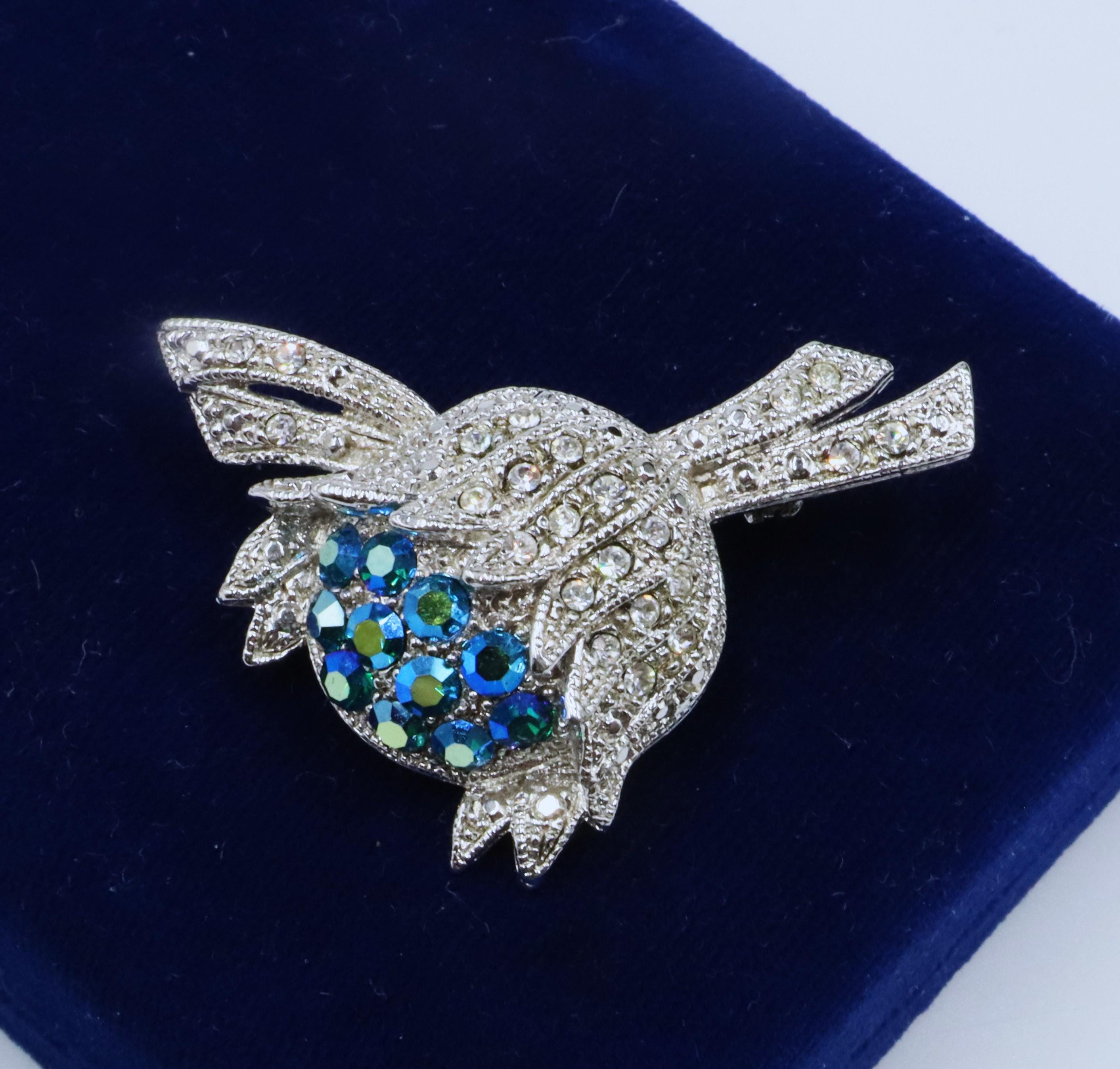 Vintage Marked Rom Silver Tone Clear AB Rhinestone Flower Pin