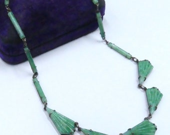 Antique vintage 20's Art Deco silver tone & Peking glass choker necklace 160