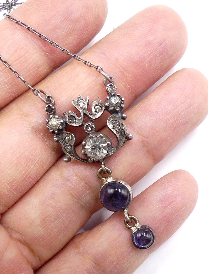 Antique vintage Edwardian sterling & rhinestone iolite pendant necklace image 3