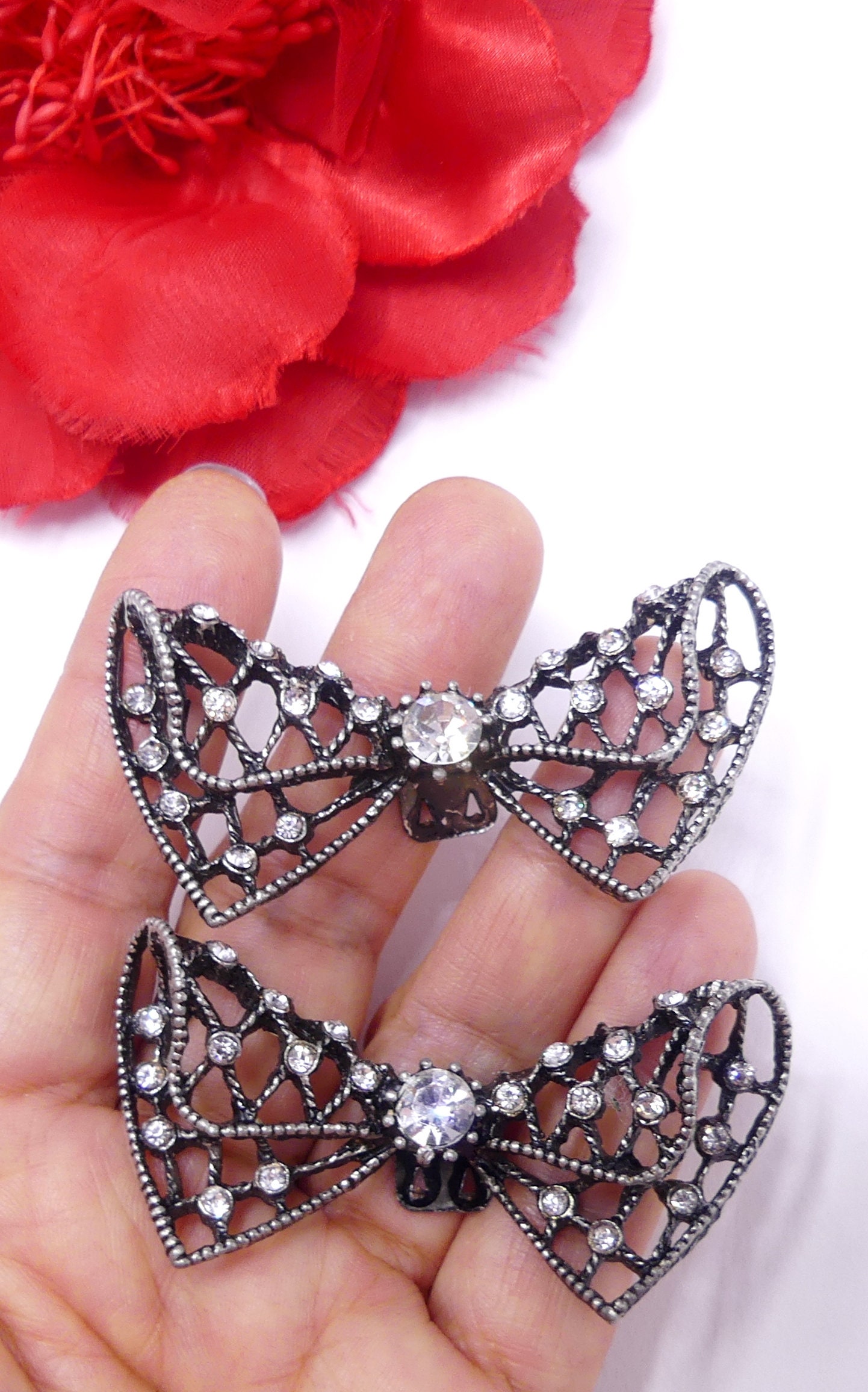 Matched Pair Vintage Rhinestone Black Grosgrain Bow Shoe Clips Clear Mixed Stone Handmade shoe clips with crystals main image 3