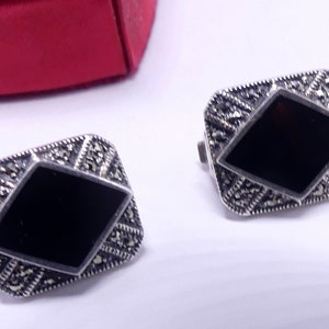 Vintage signed &quot;Vintage &quot;sterling silver maciate black onyx clip pierced earrings