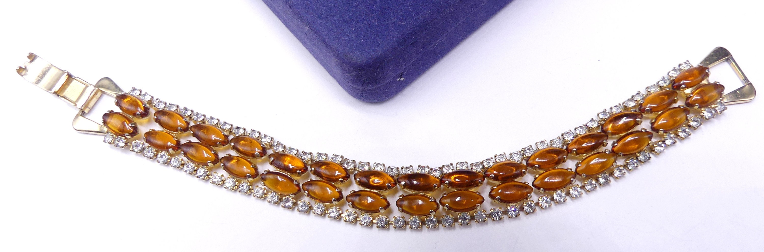 Vintage 50's Gold Tone & Amber Glass Cabochon Rhinestone