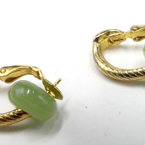 Vintage signed Goldette gold tone glass jade pierced earrings
