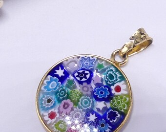Vintage marked A M A gold oval sterling silver Italy Murano glass pendant