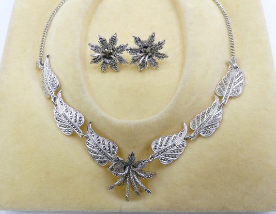 Vintage sterling silver Marcasite flowers necklac… - image 2