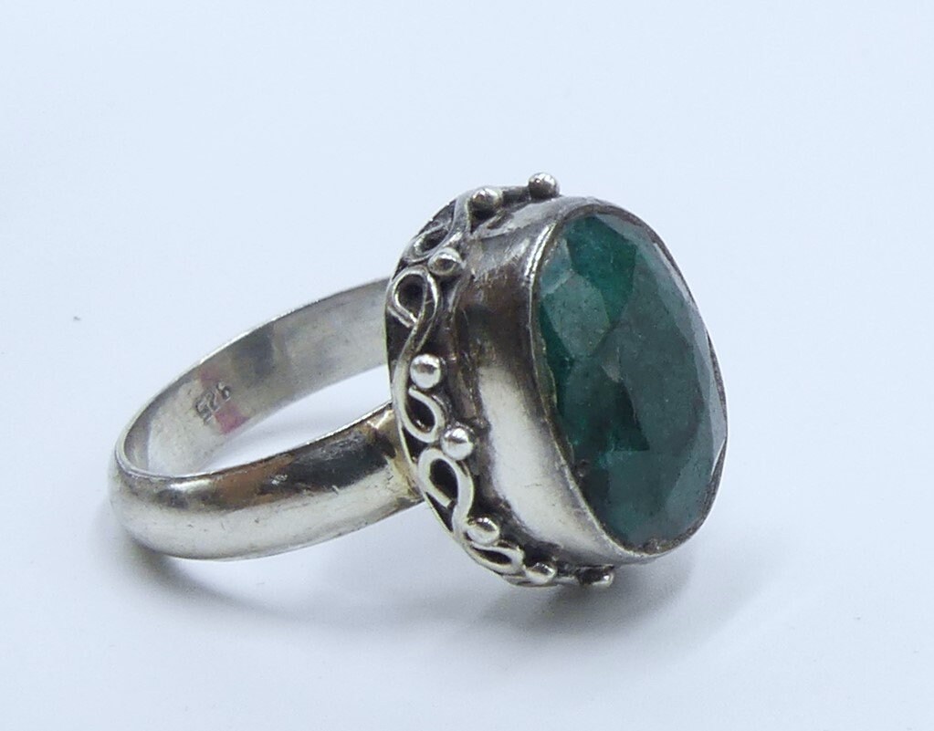 Bague émeraude En Argent 925 Vintage Taille 7 - Faite Main, Pierre Créée En Labo