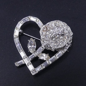 Vintage silver tone & rhinestone heart shape with flower pin brooch