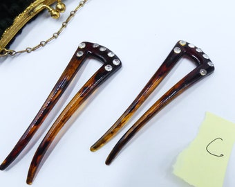 Vintage pair tortoise shell like celluloid & clear rhinestone combs ( D )