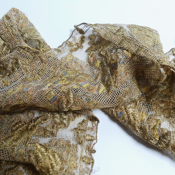 Antique 19th C felt lace & metallic wide lace trim 44” x 5”