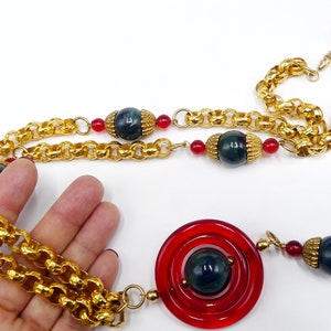 Vintage high quality unsigned Oscar De La Renta gold tone chain & green red Lucite beads pendant  necklace