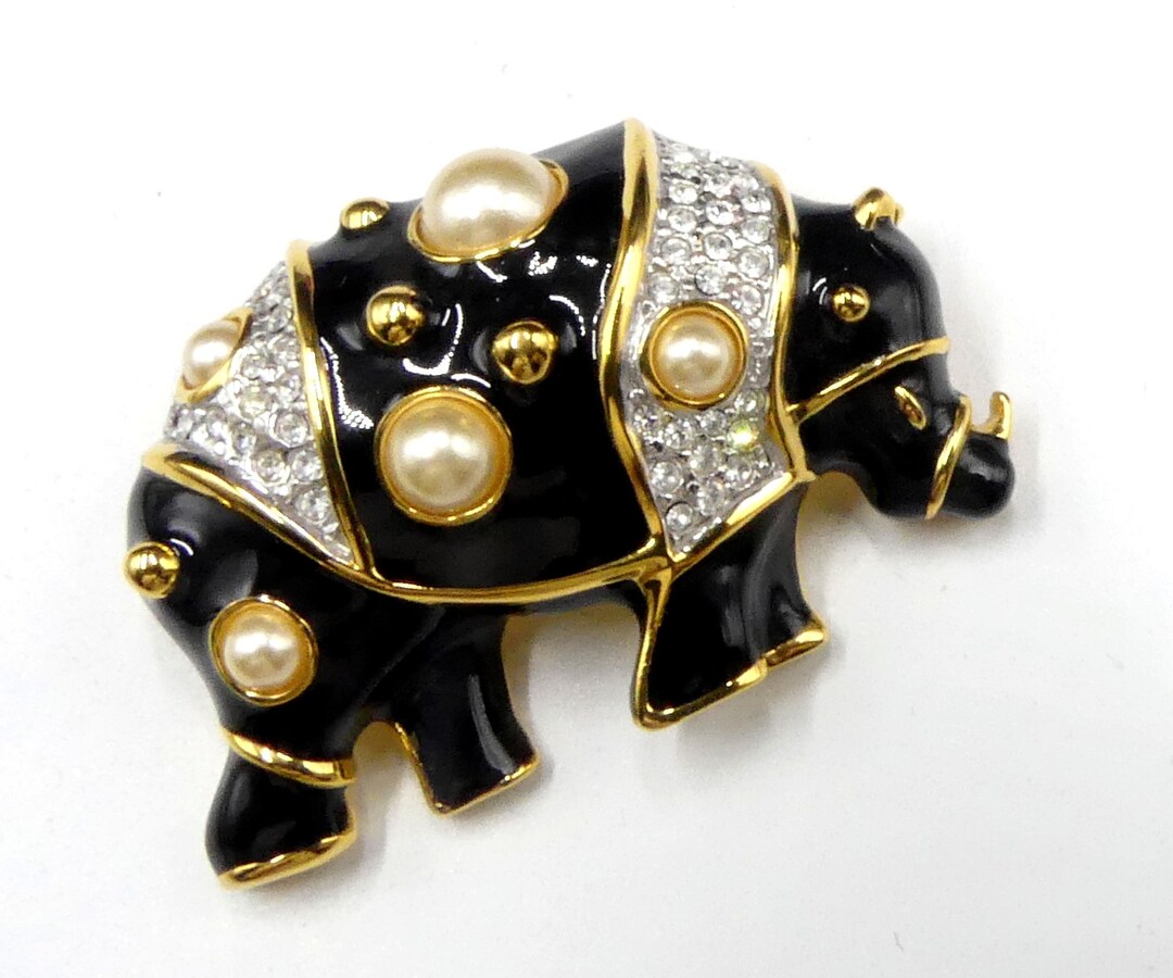 Vintage Signed Kenneth Jay Lane Gold Tone Black Enamel Faux Pearl