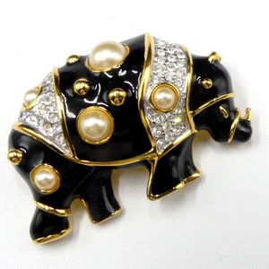 Vintage signed Kenneth Jay Lane gold tone black enamel faux pearl rhinestone rhino pin brooch
