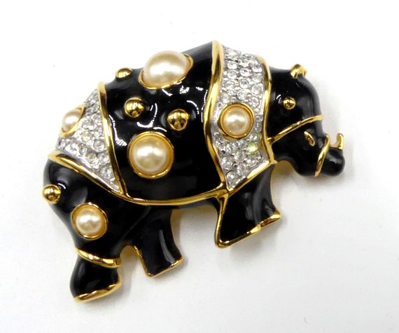 Vintage signed Kenneth Jay Lane gold tone black e… - image 1