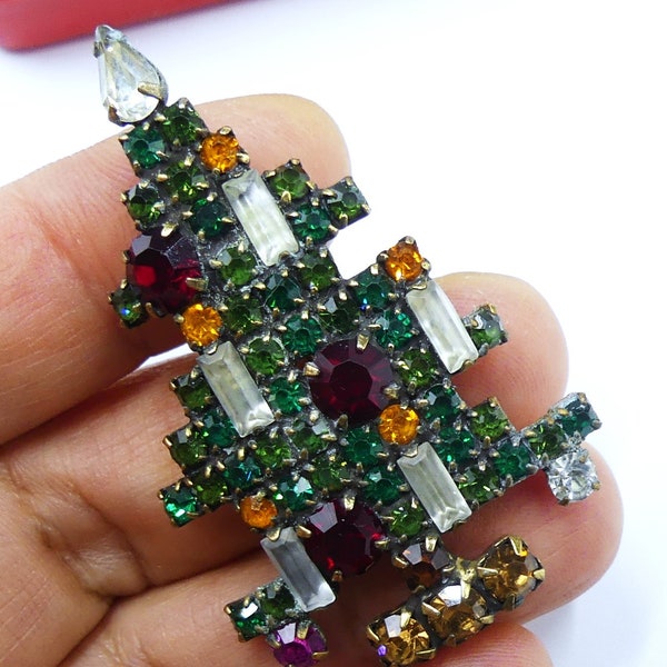 Vintage signed Weiss brass tone multi rhinestone Christmas 6 candle tree pin brooch