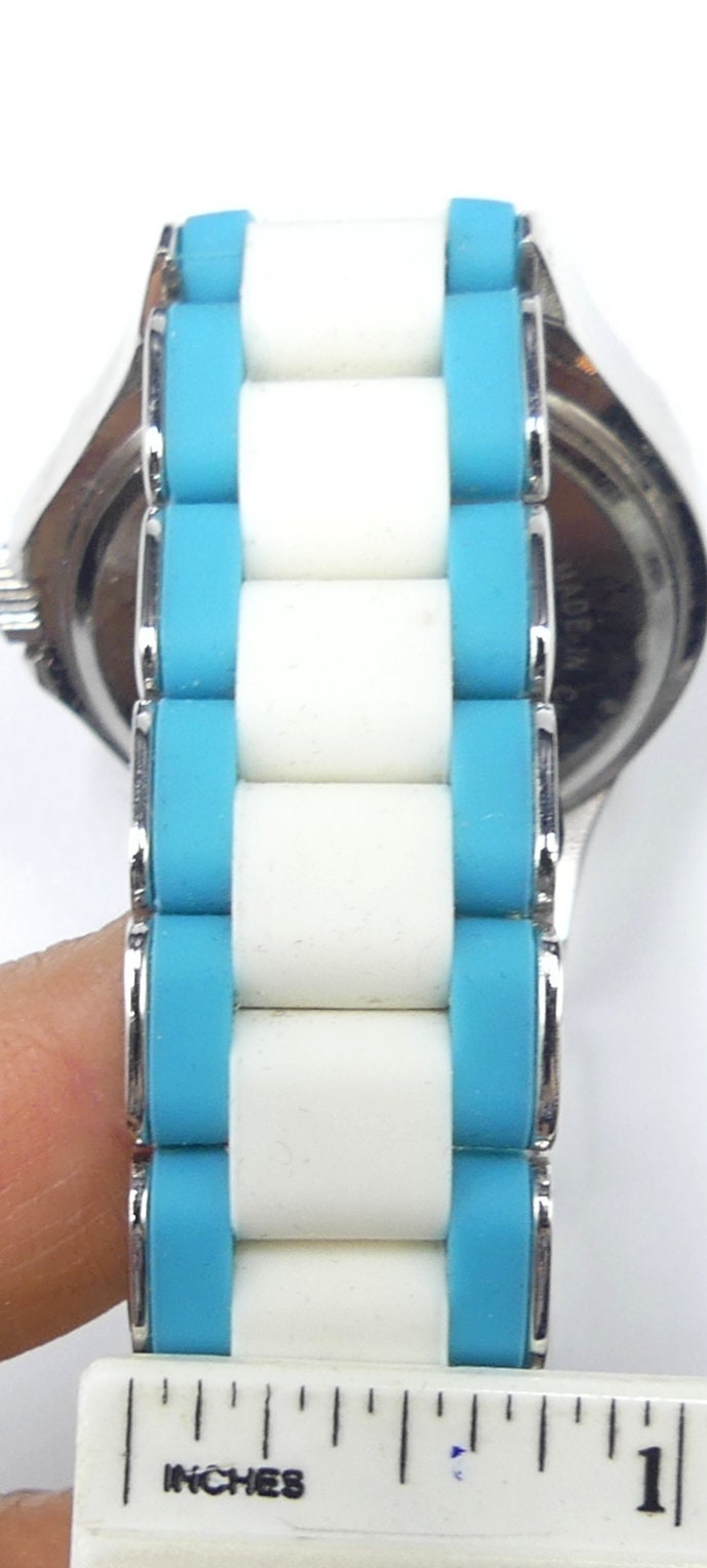 Victoria Wieck Green/White Rubber Link and Crystal Bezel Watch. Vintage Victoria Wieck B9968 Rubber Link & Crystal Bezel  main image 4