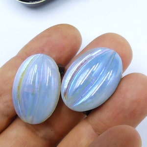 Vintage brass tone art glass oval shape cabochon clip on earrings
