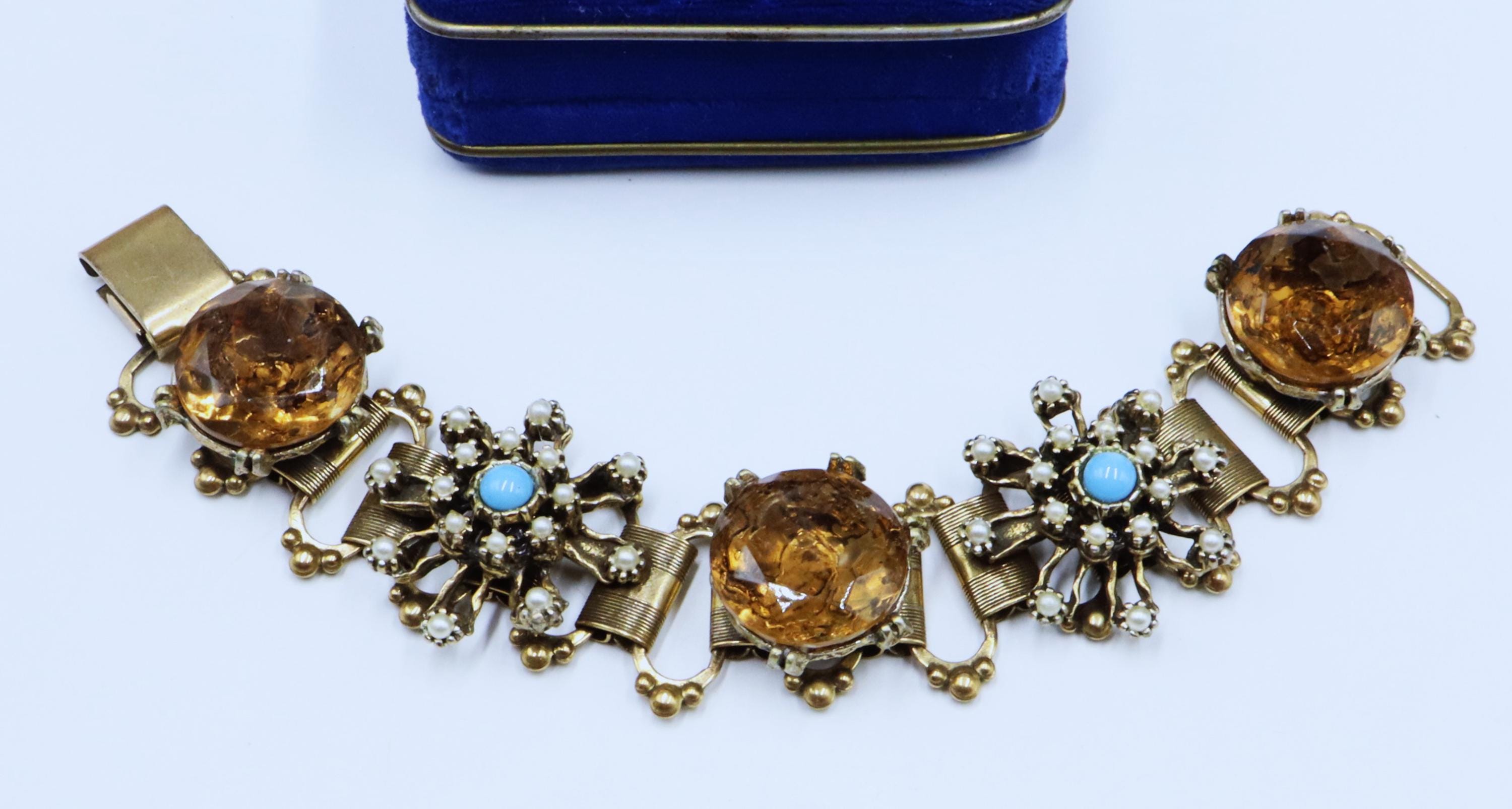 Vintage 50's Brass Tone & Faux Pearl Turquoise Smoky Glass
