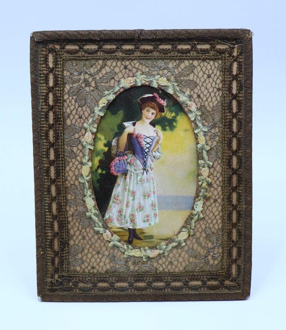 Antique French Metallic Glass & Silk Ribbon Roses Frame W 19th C