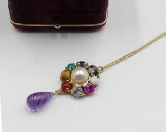 Vintage 14k gold chain & multi gem stone cabochon w teardrop amethyst pendant necklace