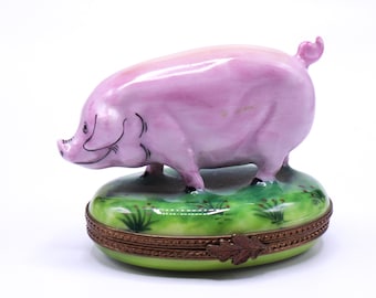 Vintage Rochard Limoges Peint Main hand painted  pink pig trinket box France