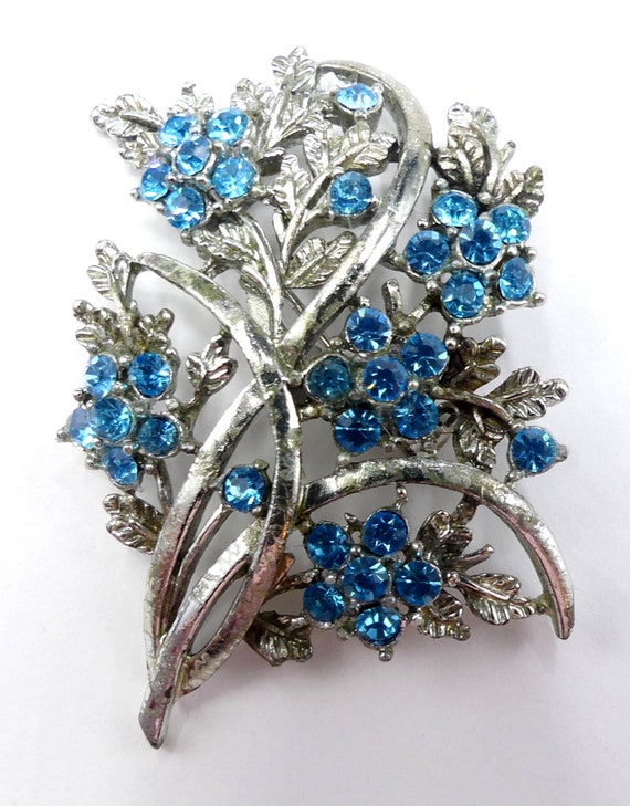 Broche Vintage Strass Bleus - Ancienne - Bon état Occasion - Bijou Fantaisie Rétro