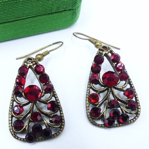 Vintage brass tone & red rhinestone hoop earrings