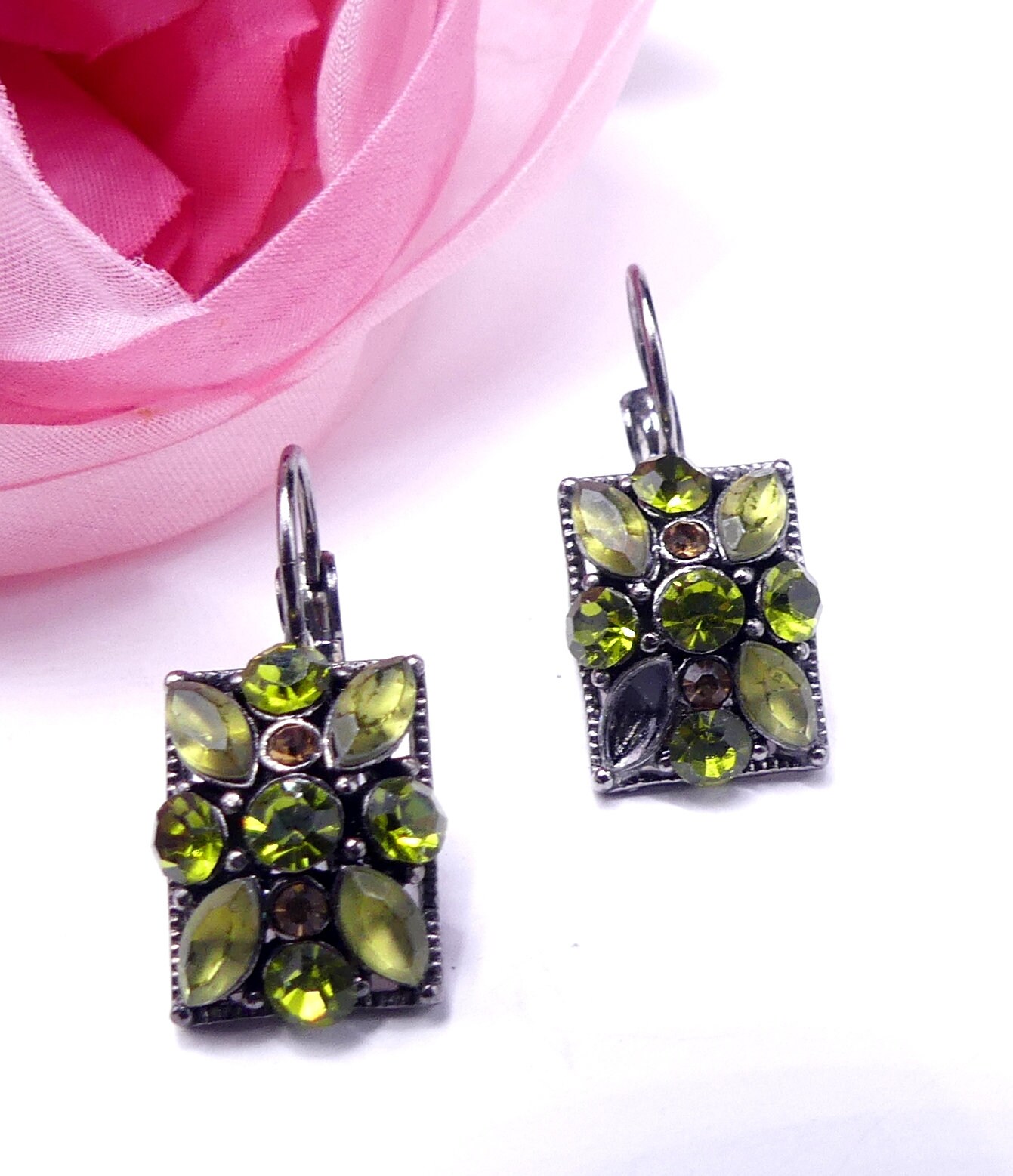 Vintage silver tone & olive green rhinestone hoop earrings
