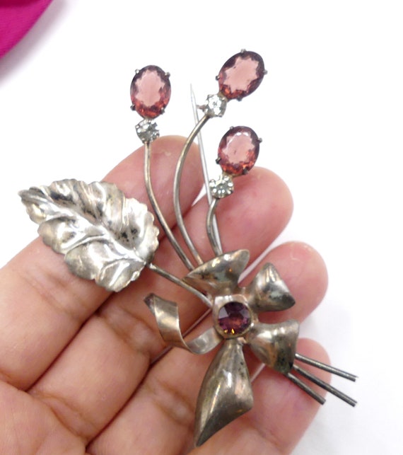 Vintage marked sterling silver & rhinestone flora… - image 1