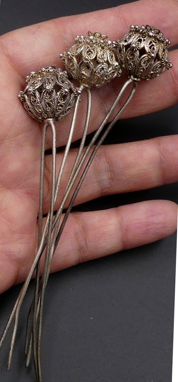 Antique 3 Victorian Era Hair Pin 800 Silver Filigree Etsy