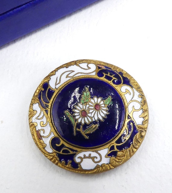 Antique gold tone blue white enamel flower round c