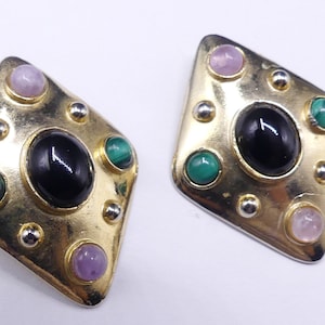 Vintage gold tone & multi color natural stone clip earrings