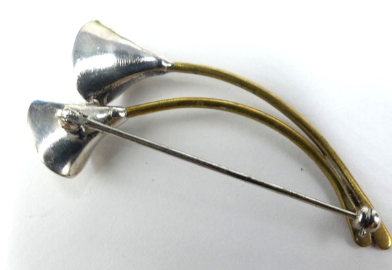 Vintage marked sterling & brass lily pin brooch - image 2