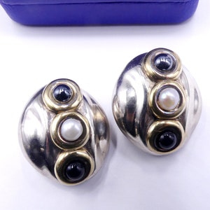 Vintage Bat Ami signed 925 sterling silver two ton & pearl heavy clip earrings