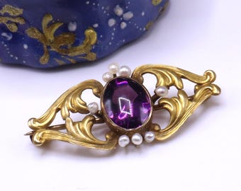 Antique marked 10k gold & amethyst cabochon seed pearl pin brooch