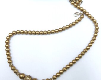 Vintage signed Carolee gold beads rhinestone necklace