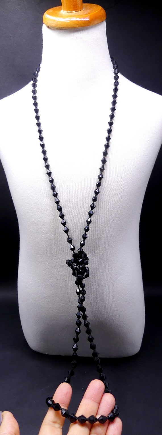 Vintage 30's long faceted black glass beads neckl… - image 3
