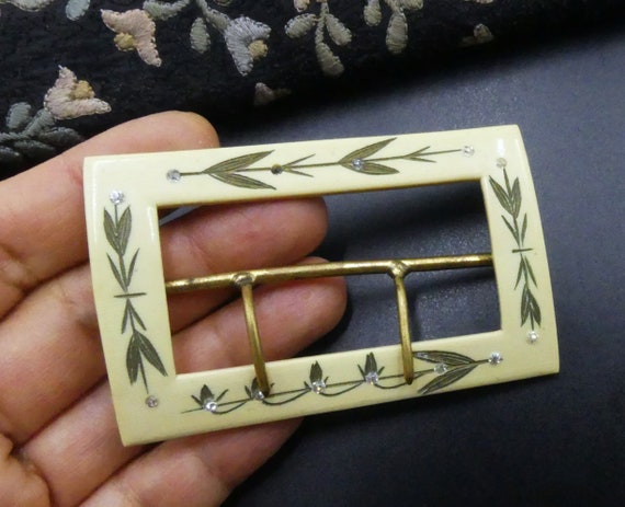 Antique vintage carved celluloid rhinestone belt buckle Antique Carved Celluloid Clear Rhinestone Belt Buckle - Etsy main image 3