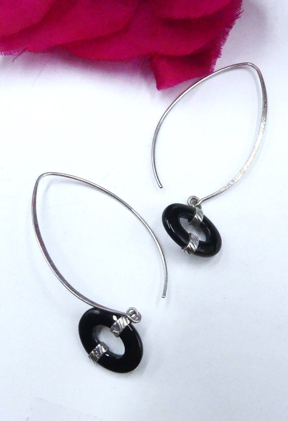 Vintage sterling silver & black onyx threader earr