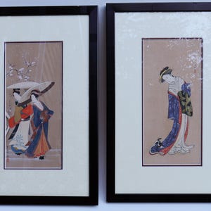 Vintage pair Japanese framed Kimono ladies woodblock