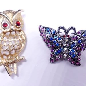 Vintage Avon gold tone & rhinestone owl w silver tone rhinestone butterfly pin brooch