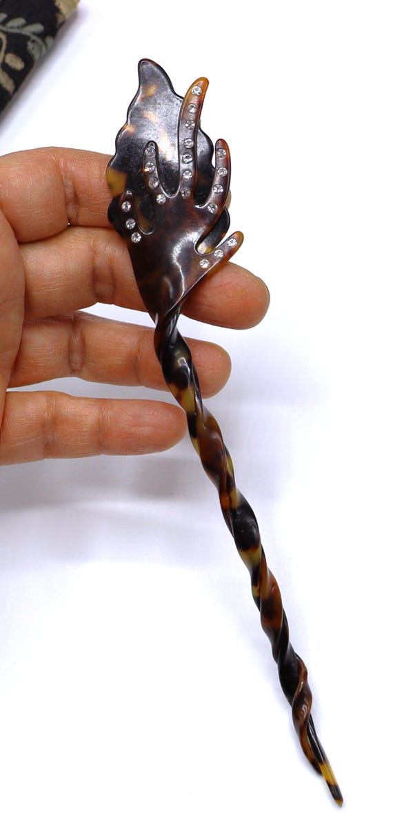 Antique faux tortoise twisted & clear rhinestone hair pick stick