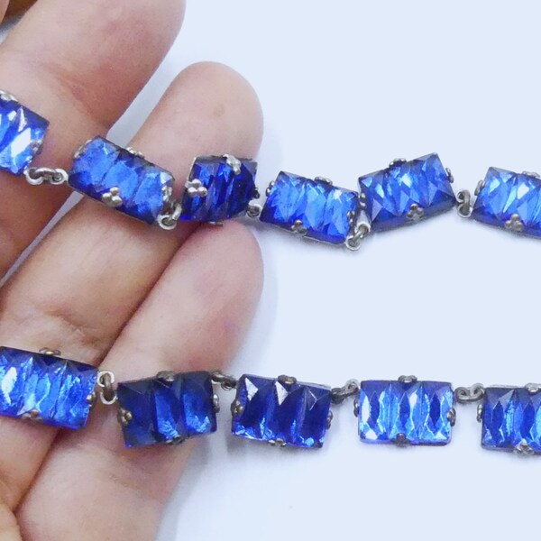 Antique silver tone & Art Deco Czech blue Vauxhall Mirror glass step necklace