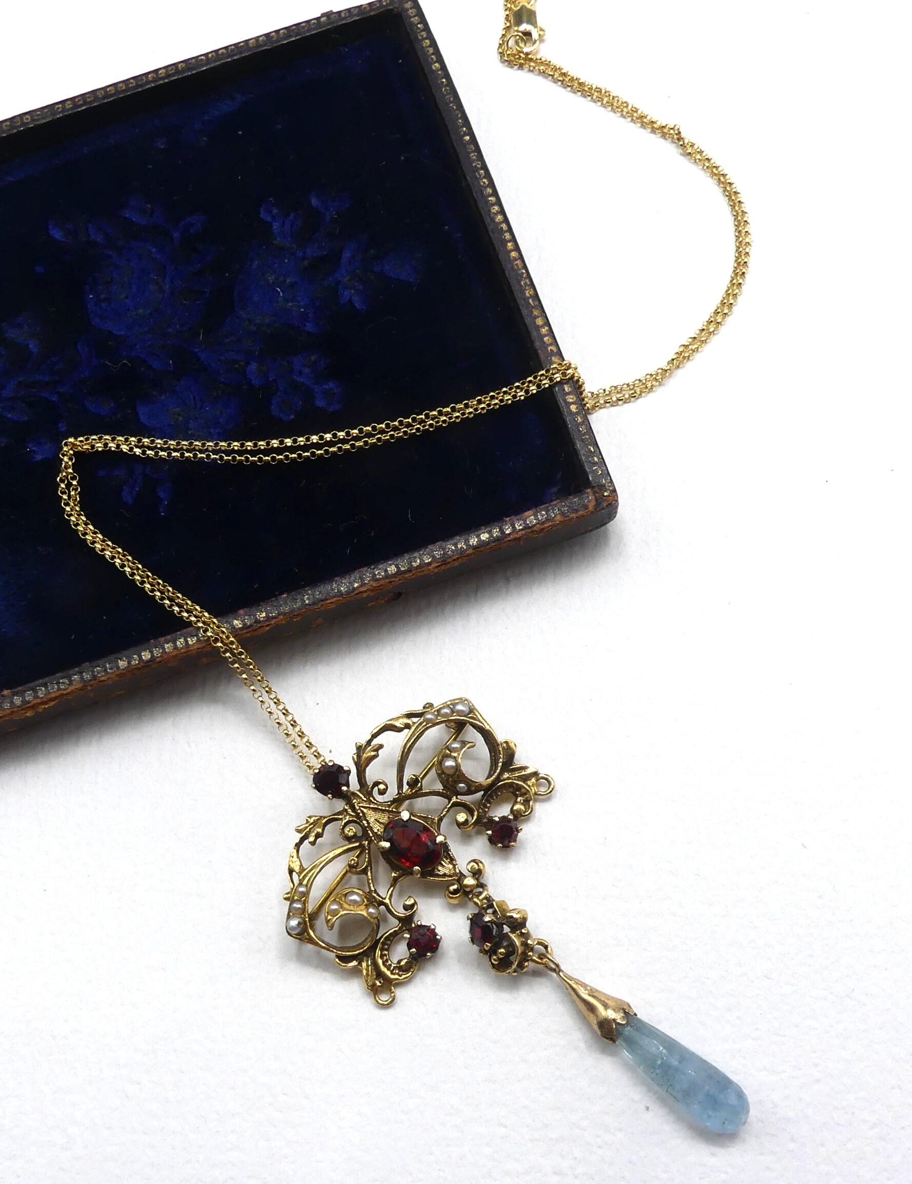 Antique vintage Victorian 14k gold garnet aquamarine drop pendant necklacethumbnail