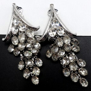 Vintage silver tone & rhinestone clip on drop earrings image 1