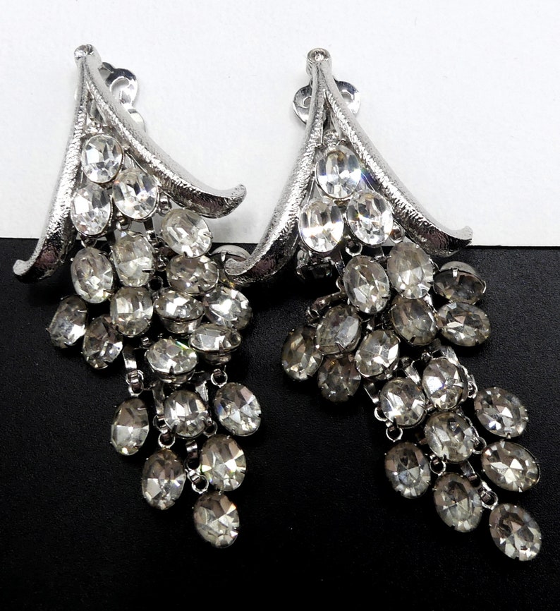Vintage silver tone & rhinestone clip on drop earrings image 1