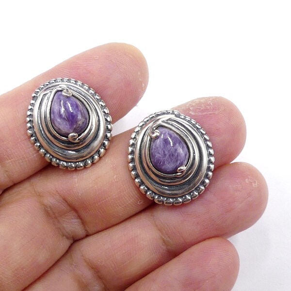 Vintage signed Carolyn Pollack  sterling silver & natural purple stone cabochon clip on earrings