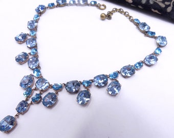 Vintage 30's brass tone & light blue rhinestone necklace