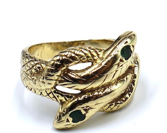 Vintage marked 14k solid gold emerald verdant eye double headed  snake ring size 7.5