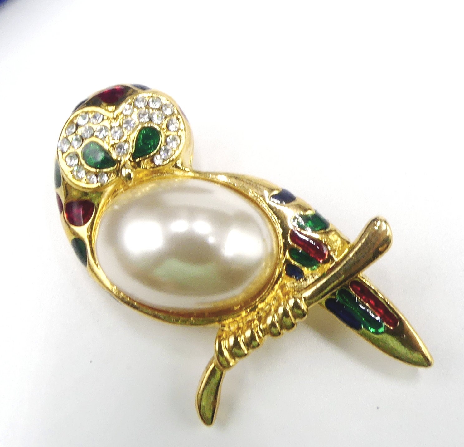 Broche Vintage Hibou Avec Cabochon Doré, Strass Et Perle Goutte D'eau - Ancienne épingle à Bijou