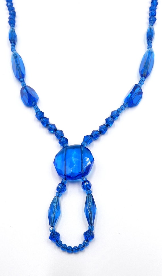 Vintage Art Deco peacock blue glass bead necklace - image 5